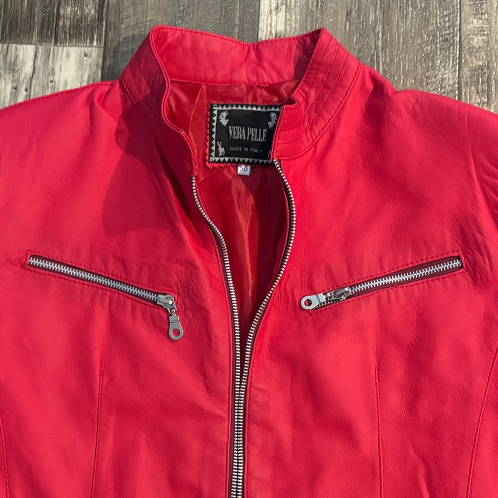 Vera Pelle Hot Pink Faux Leather Moto Jacket with Zipper Accents - Picture 3 of 14